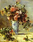 Pierre Auguste Renoir Canvas Paintings - Roses and Jasmin in a Delft Vase